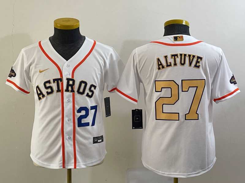 Youth Houston Astros #27 Jose Altuve Number 2023 White Gold World Serise Champions Patch Cool Base Jersey->mlb youth jerseys->MLB Jersey